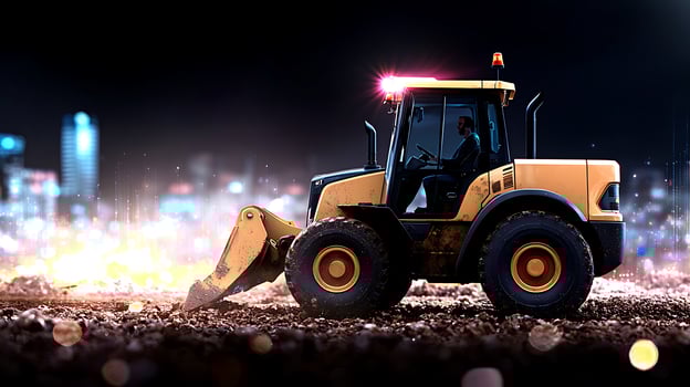 Nighttime construction scene with a yellow excavator working in an urban environment photo