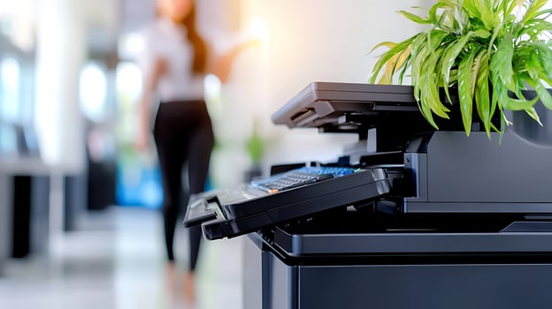 Office scene with a woman interacting with a printer, showcasing modern workspace efficiency photo