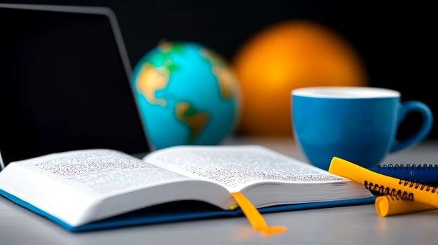 Open book on a desk with a globe and a blue cup, showcasing a study environment photo