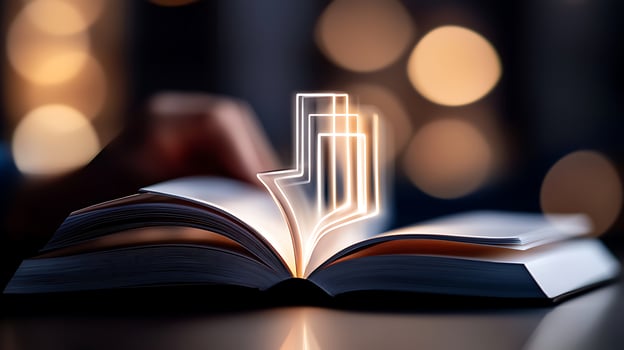 Open book with glowing pages and soft bokeh background, creating a cozy reading atmosphere photo