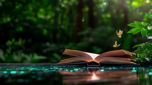 Open book surrounded by lush greenery, with butterflies fluttering above in a serene forest setting photo