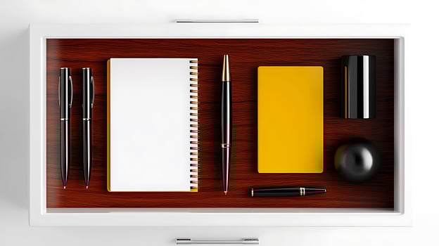 Organized workspace drawer showcasing pens, notepad, and stationery on polished wood background photo