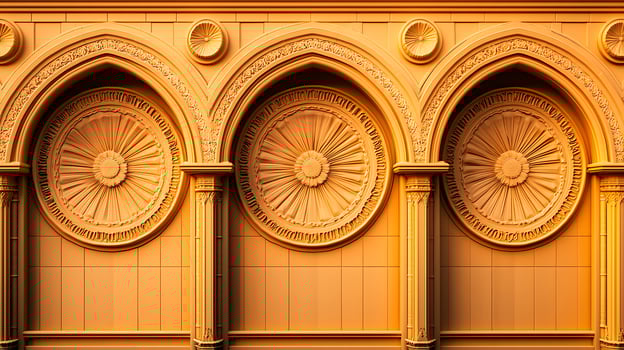 Ornate architectural facade featuring three detailed circular reliefs in warm tones photo