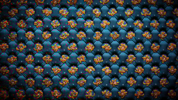 Ornate fabric pattern featuring vibrant orange flowers on a deep blue background, ideal for textile design photo