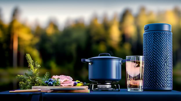 Outdoor cooking scene with a pot, thermos, and fresh ingredients by a serene lake backdrop photo
