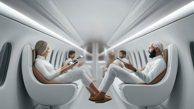 Passengers Relaxing in a Modern, Sleek Train Interior with Soft Lighting and Technology photo