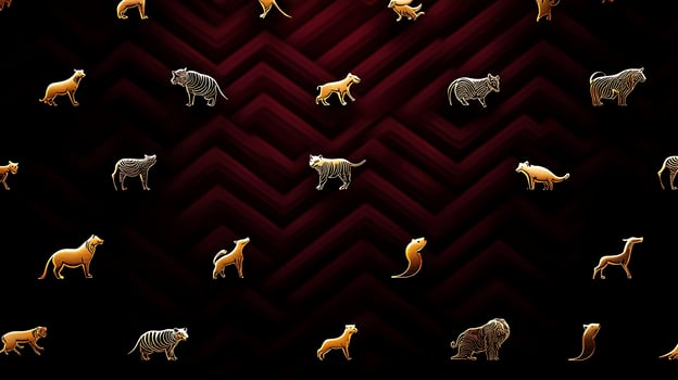Pattern of stylized animal silhouettes on a dark chevron background, creating a vibrant design photo