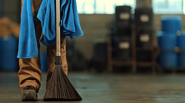 Person cleaning a warehouse floor with a broom, blue cloth draped over the handle, storage containers in background photo