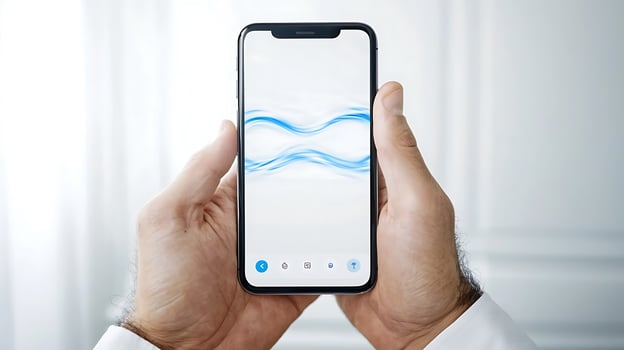 Person holding a smartphone displaying flowing blue water graphics in a bright room photo