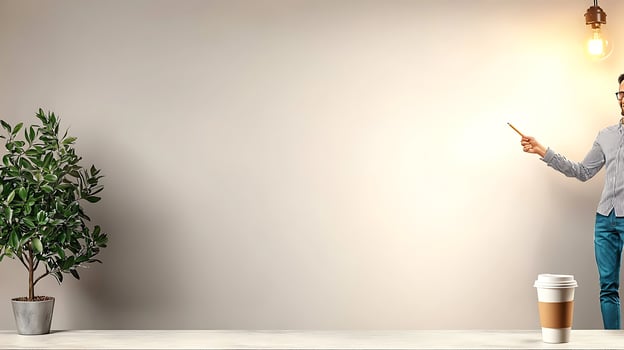 Person in a casual outfit pointing at a blank wall with a plant and coffee cup nearby photo
