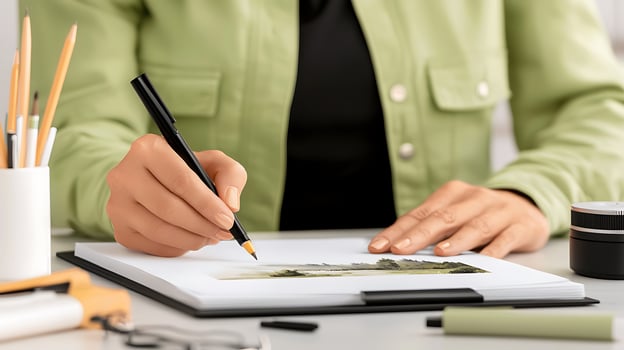 Person sketching a landscape with colored pencils at a bright workspace filled with art supplies photo