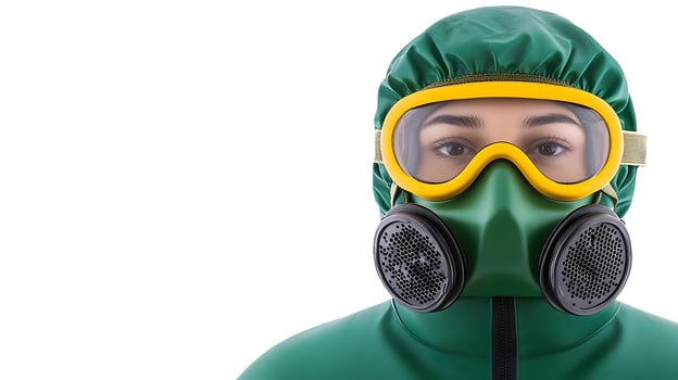Person wearing a green protective suit and gas mask, ready for hazardous environment work photo