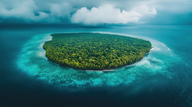Lush tropical island, ocean, aerial view, cloudy sky, paradise photo