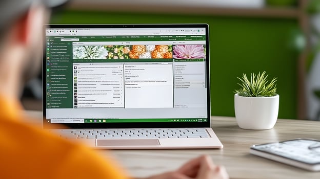 Person working on a laptop in a vibrant workspace with plants and digital interface visible photo