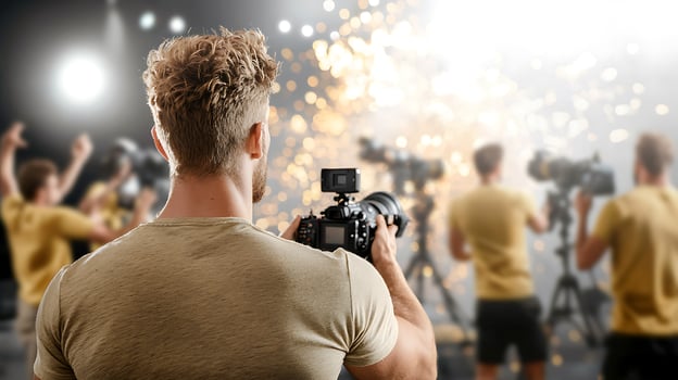 Photographer capturing dynamic scene with cameras and audience in a lively event backdrop photo