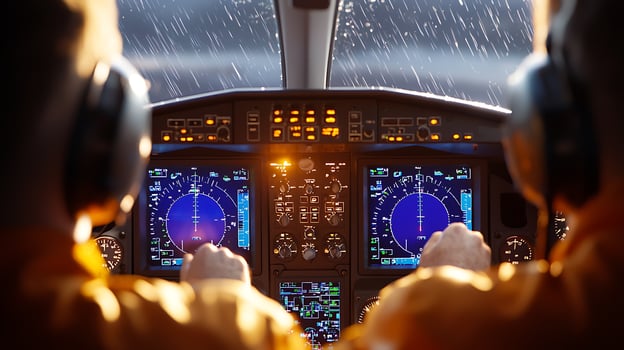 Pilots in cockpit navigating through rain, illuminated instruments, focused on flight safety photo