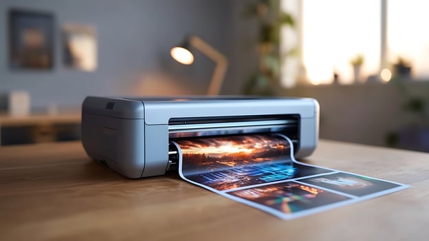 Printer producing high-quality images in a modern workspace with soft lighting and greenery photo