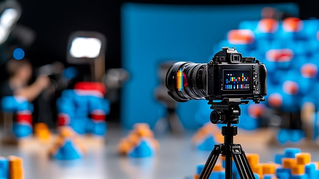Professional camera on tripod capturing colorful geometric shapes in a creative studio setup photo