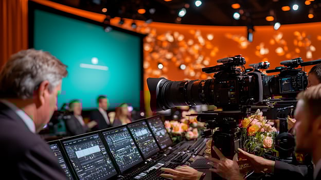 Professional film crew operating cameras and monitors during a live event with floral decorations photo