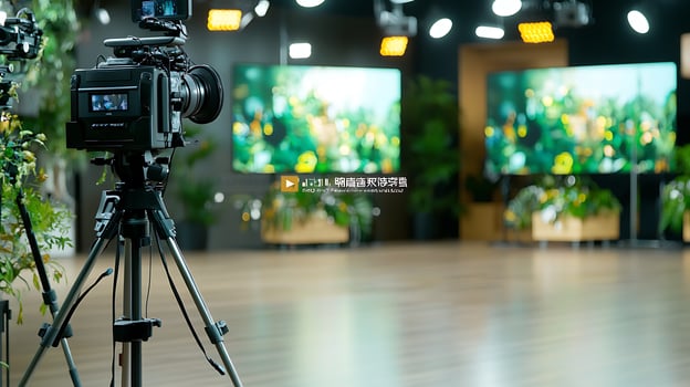 Professional film studio setup with cameras and vibrant flower displays in the background photo