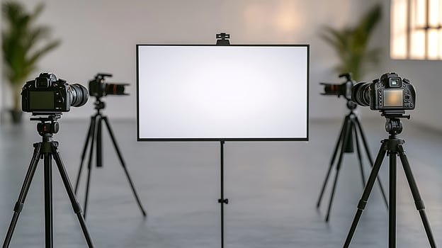 Professional photography setup featuring multiple cameras focused on a blank screen in a studio photo