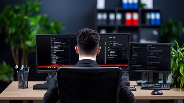 Professional man working at a desk with multiple monitors in a modern office environment photo