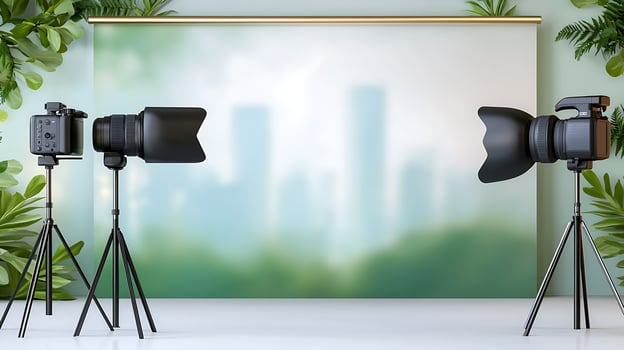 Professional photography setup with cameras on tripods against a blurred cityscape backdrop photo