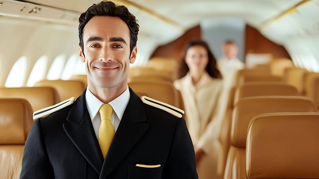 Professional pilot smiling confidently in a luxury airplane cabin with passengers in background photo