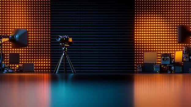 Professional photography studio setup with vibrant lighting and various cameras displayed photo