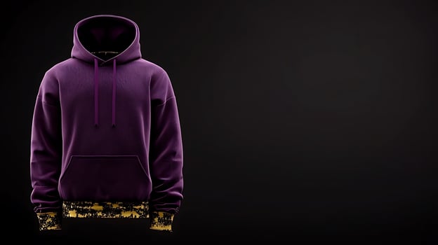 Purple hoodie displayed against a dark background, highlighting its unique design and texture photo