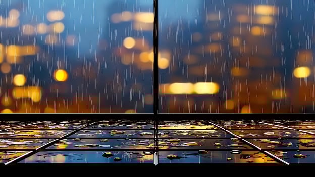 Rain-soaked cityscape at night with blurred lights and reflections on wet pavement photo
