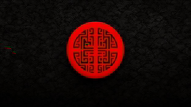 Red circular emblem featuring intricate black patterns on a textured dark background photo