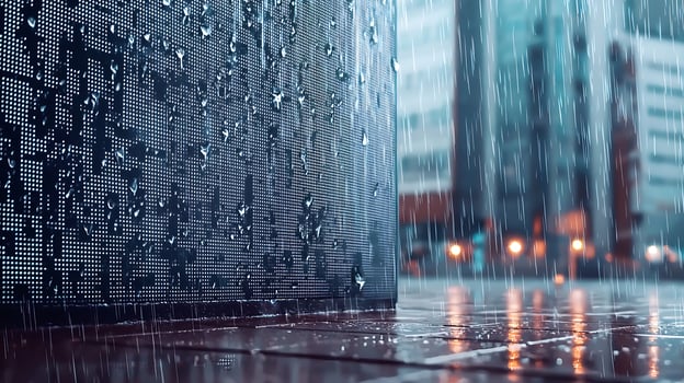 Raindrops cascading down a textured wall in an urban setting with blurred city lights in the background photo