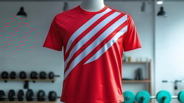 Red athletic shirt displayed in a gym setting with weights and fitness equipment in the background photo