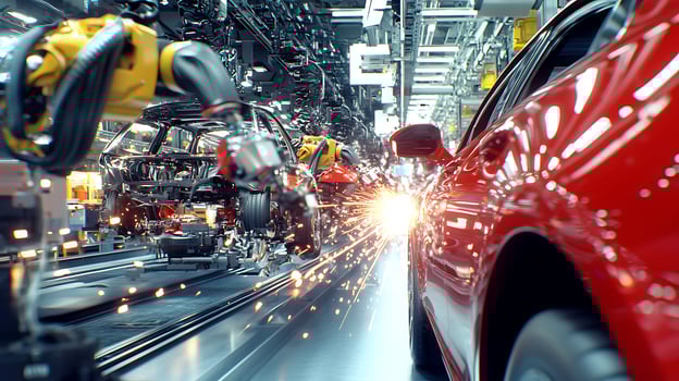 Red car in an automated assembly line with robotic arms creating sparks in a factory photo