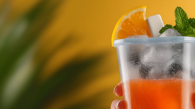 Refreshing tropical drink with ice, orange slice, and mint against a vibrant yellow background photo