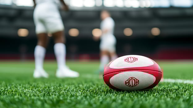Rugby players practicing on a field with a close-up of a ball in the foreground, stadium backdrop photo