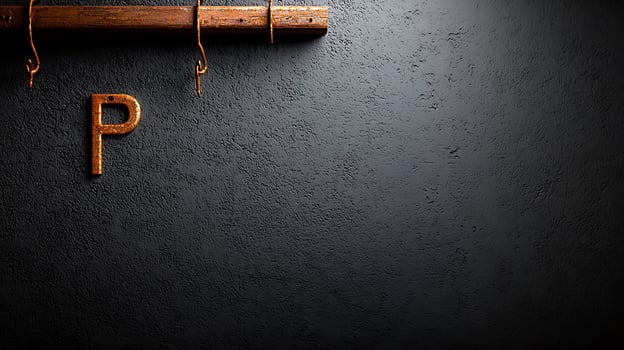 Rustic wooden beam with a single letter 'P' hanging against a textured dark wall photo