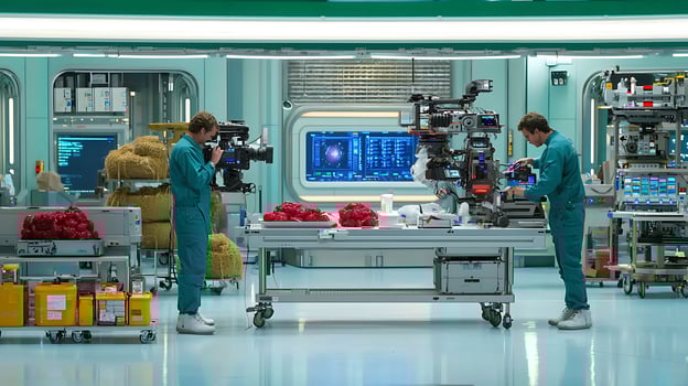 Scientists conducting experiments in a high-tech lab, surrounded by equipment and materials photo