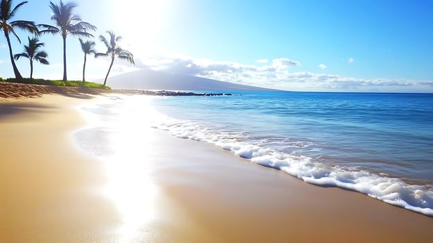 Serene beach scene with gentle waves lapping at the shore under a bright sun with palm trees photo