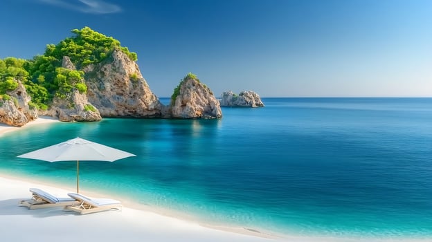 Serene beach scene with sun loungers and parasol overlooking clear turquoise waters and rocky islands photo