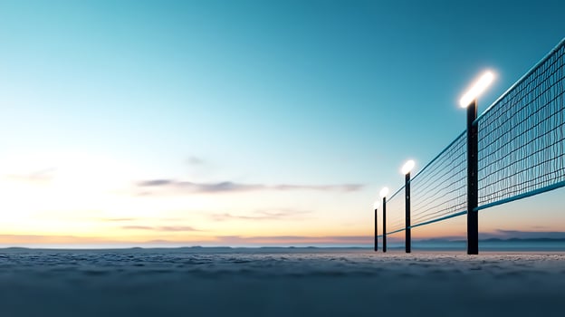 Serene beach volleyball court at sunset with glowing lights illuminating the sand photo