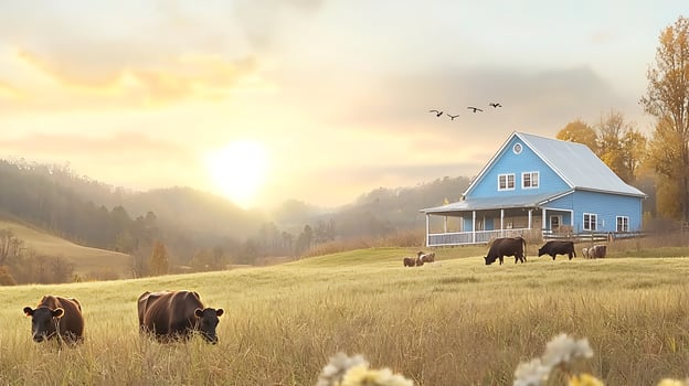 Serene countryside scene with cows grazing near a blue farmhouse at sunset with hills and birds photo