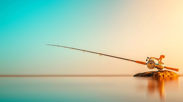 Serene fishing rod resting on a rock by the tranquil water at sunset, creating a peaceful scene photo