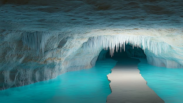 Serene ice cave with shimmering turquoise water and icicles, showcasing nature's beauty and tranquility photo