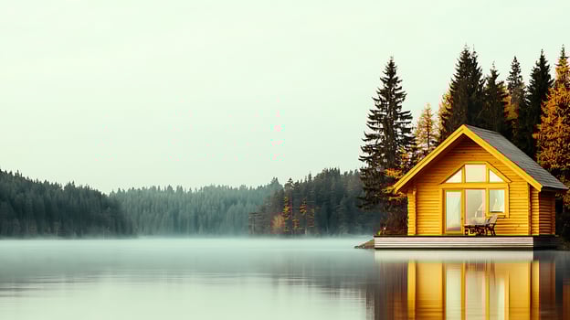 Serene lakeside cabin at dawn surrounded by misty forest and tranquil waters reflecting nature photo