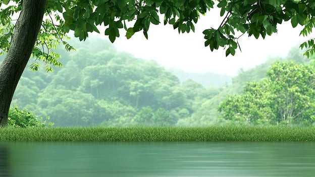 Serene lakeside view with lush greenery and tranquil water reflecting the nature around photo