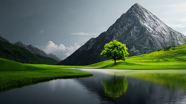 Serene landscape featuring a solitary tree by a reflective lake with a majestic mountain backdrop photo