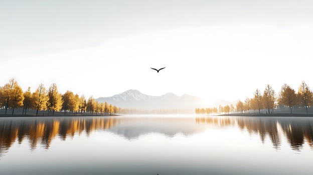 Serene landscape with a lake, autumn trees, mountains in the background, and a soaring bird photo