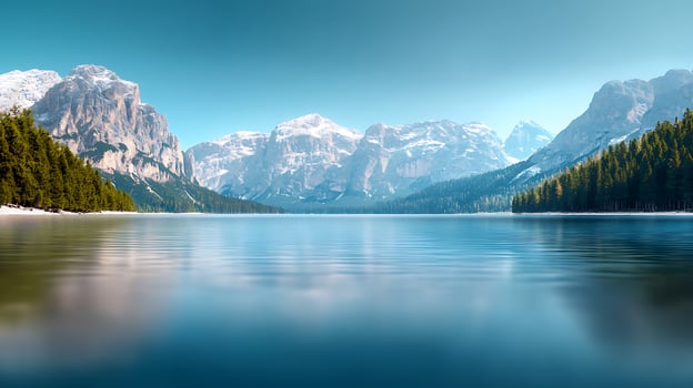 Serene mountain lake reflecting snow-capped peaks and lush forests under a clear blue sky photo